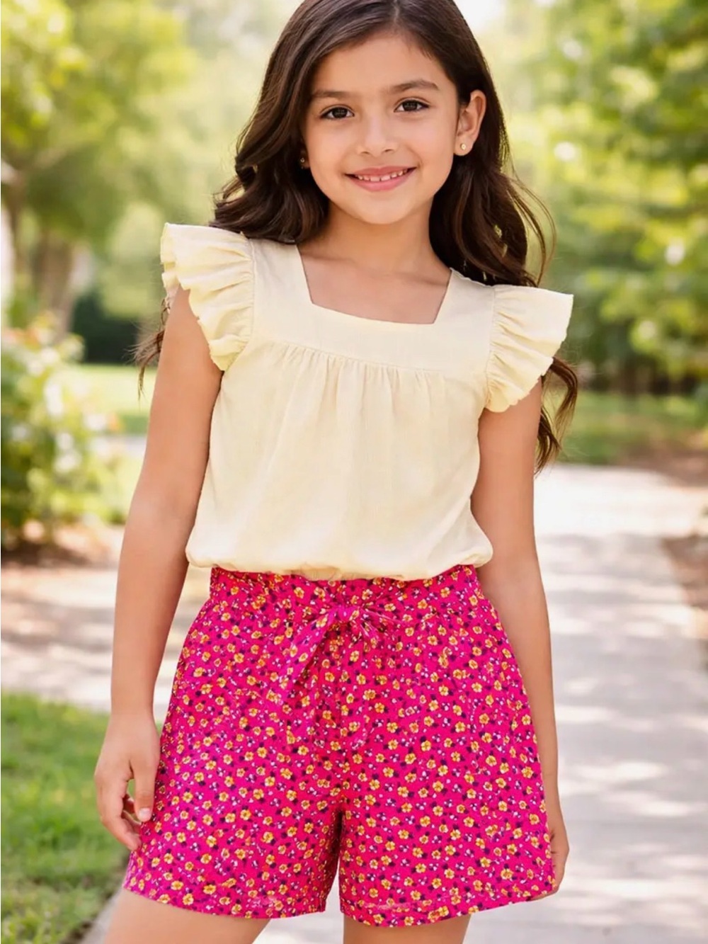 Cutie Patootie Crème/ Fuchsia Floral 2pc Short Set W/ Ribbed Top